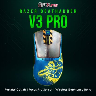 Special-edition Razer DeathAdder V3 Pro Fortnite-themed mouse featuring a stylized chassis and branding.