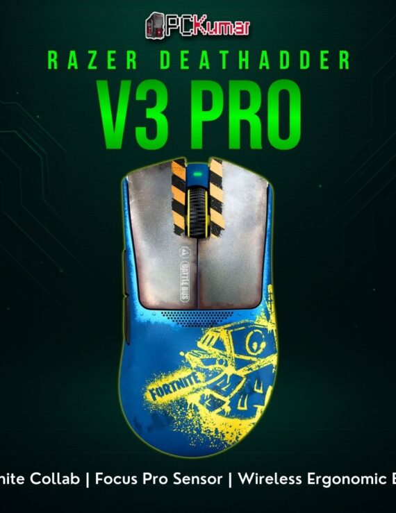 Special-edition Razer DeathAdder V3 Pro Fortnite-themed mouse featuring a stylized chassis and branding.