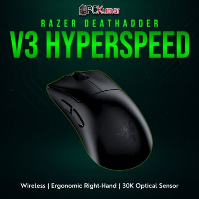 Razer DeathAdder V3 HyperSpeed mouse featuring a black streamlined shape and rapid wireless connectivity.