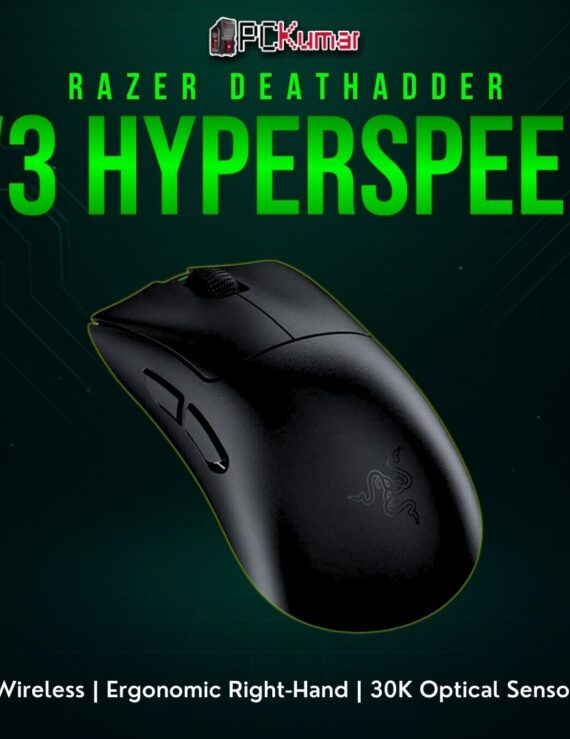 Razer DeathAdder V3 HyperSpeed mouse featuring a black streamlined shape and rapid wireless connectivity.
