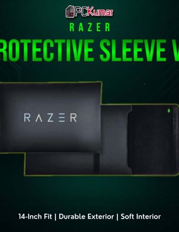 Razer Protective Sleeve V2 for 14" notebooks in black, streamlined shape with a subtle Razer logo and smooth zipper.