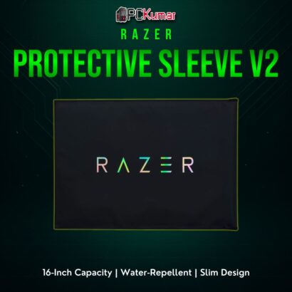 Razer Protective Sleeve V2 black for 16-inch laptops with a discreet brand logo, ensuring a tight, well-cushioned hold.
