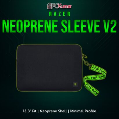Razer Neoprene Sleeve V2 black with a side zipper, sized for 13.3" laptops or notebooks, providing lightweight protection.