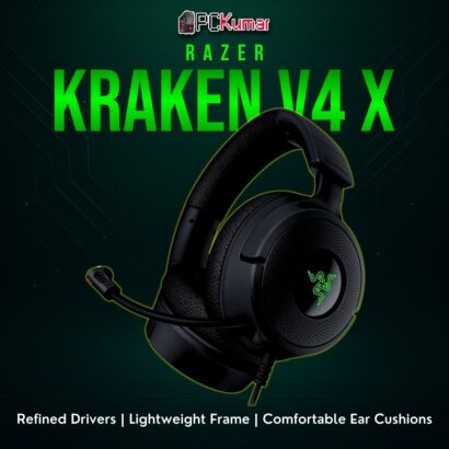 Razer Kraken V4 X black gaming headset featuring a wide headband and cushioned ear cups for improved comfort.