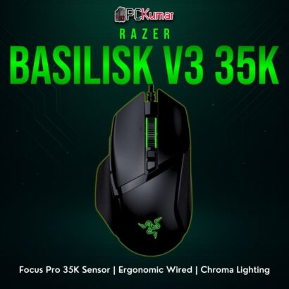 Razer Basilisk V3 35K in black, showcasing an advanced optical sensor and comfortable right-handed structure.
