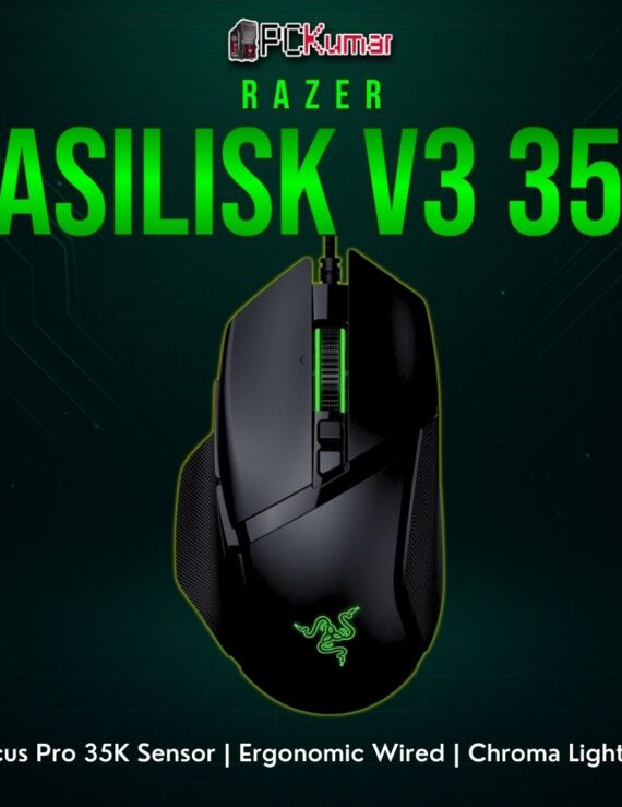 Razer Basilisk V3 35K in black, showcasing an advanced optical sensor and comfortable right-handed structure.