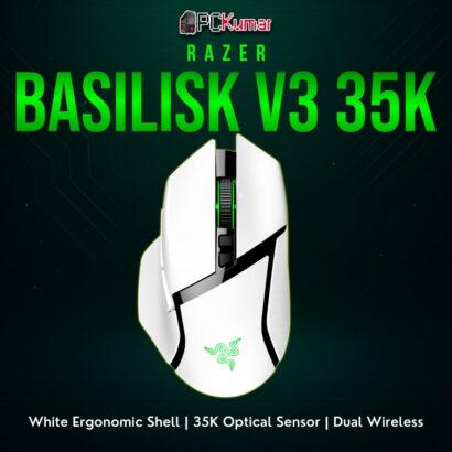 White Razer Basilisk V3 Pro 35K with side rest and advanced optical sensor, offering a refined wireless experience.