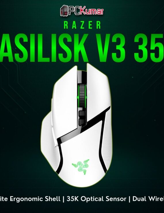 White Razer Basilisk V3 Pro 35K with side rest and advanced optical sensor, offering a refined wireless experience.