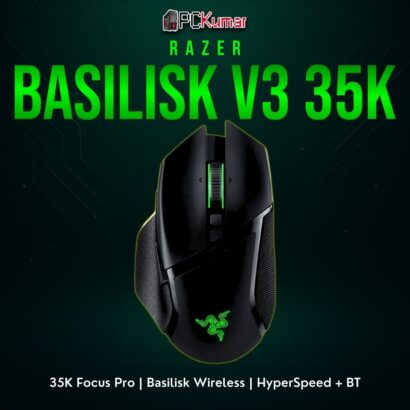 Razer Basilisk V3 Pro 35K featuring a sculpted black shell, advanced optical sensor, and wireless freedom.
