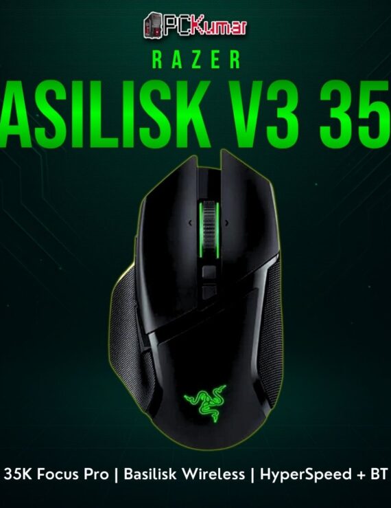 Razer Basilisk V3 Pro 35K featuring a sculpted black shell, advanced optical sensor, and wireless freedom.