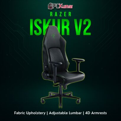 Razer Iskur V2 dark grey fabric chair, featuring a pronounced lumbar arch and comfortable seat padding for extended use.