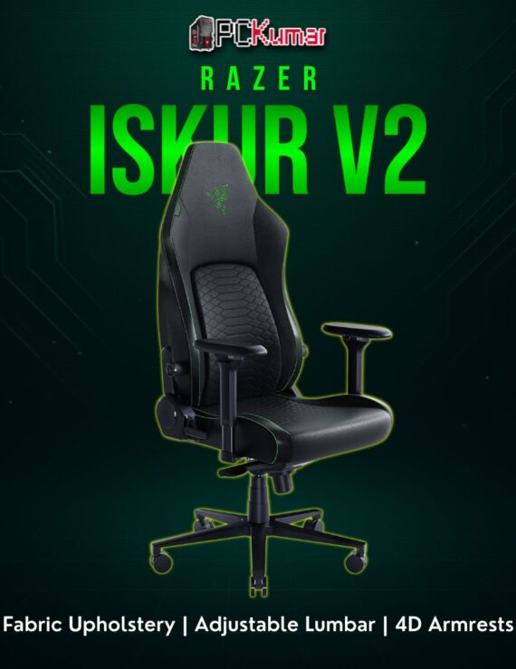 Razer Iskur V2 dark grey fabric chair, featuring a pronounced lumbar arch and comfortable seat padding for extended use.