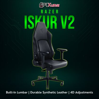 Razer Iskur V2 black/green gaming chair with a robust backrest arch and bold side edges for posture alignment.