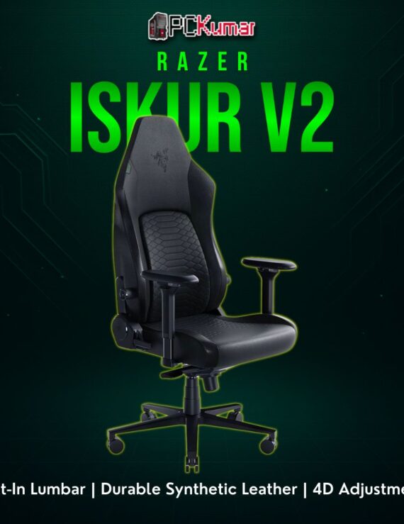 Razer Iskur V2 black/green gaming chair with a robust backrest arch and bold side edges for posture alignment.