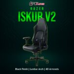 Razer Iskur V2 black chair showcasing discreet Razer branding, built-in spine support, and a robust metal frame.