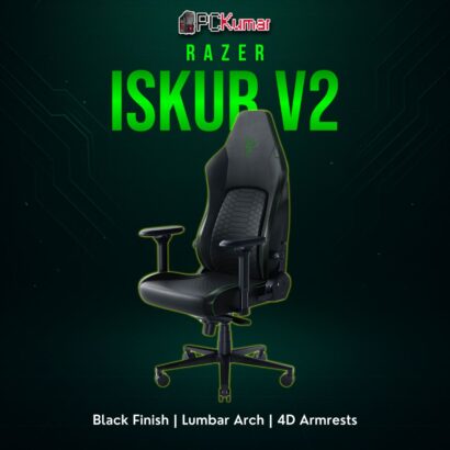 Razer Iskur V2 black chair showcasing discreet Razer branding, built-in spine support, and a robust metal frame.