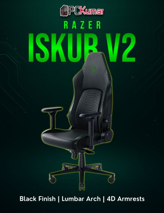 Razer Iskur V2 black chair showcasing discreet Razer branding, built-in spine support, and a robust metal frame.