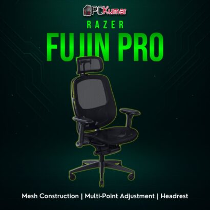 Razer Fujin Pro black/gray mesh gaming chair with an adjustable lumbar region, headrest, and a sturdy metal frame.