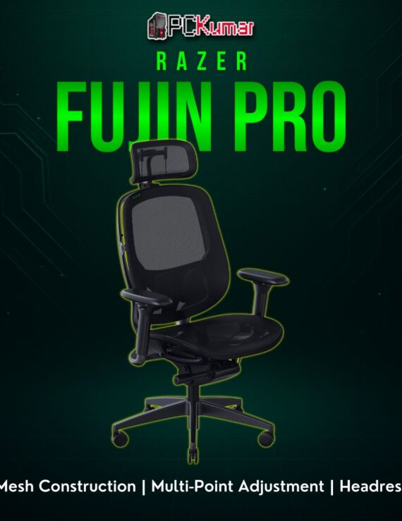 Razer Fujin Pro black/gray mesh gaming chair with an adjustable lumbar region, headrest, and a sturdy metal frame.