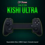 Razer Kishi Ultra controller clamped onto an Android phone, creating a handheld console experience with analog sticks and triggers.