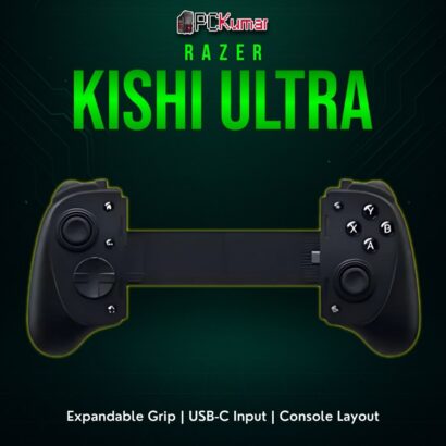 Razer Kishi Ultra controller clamped onto an Android phone, creating a handheld console experience with analog sticks and triggers.