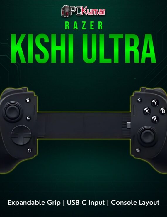 Razer Kishi Ultra controller clamped onto an Android phone, creating a handheld console experience with analog sticks and triggers.