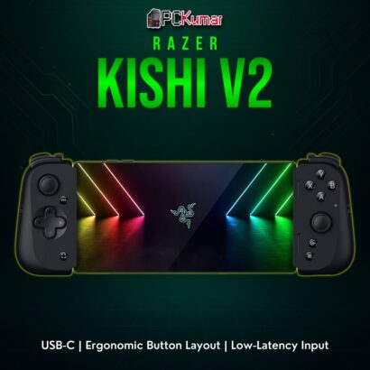 Razer Kishi V2 USB-C in black, capturing a phone between two controller grips with standard ABXY inputs.
