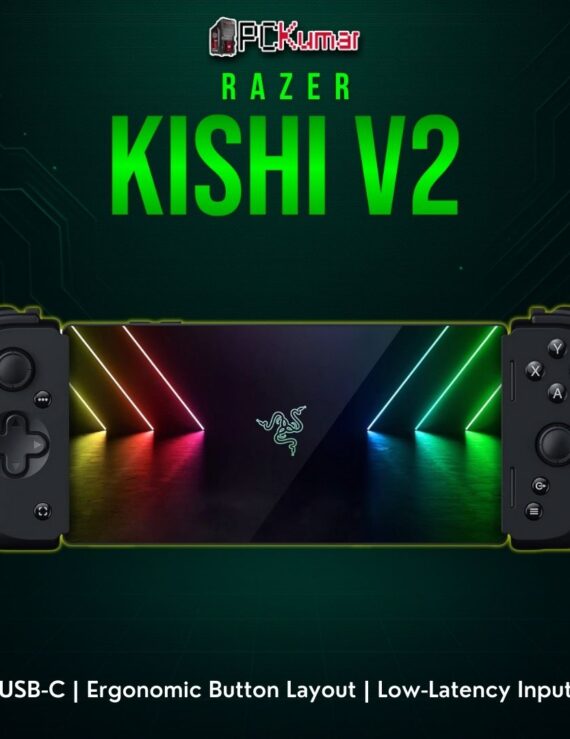 Razer Kishi V2 USB-C in black, capturing a phone between two controller grips with standard ABXY inputs.