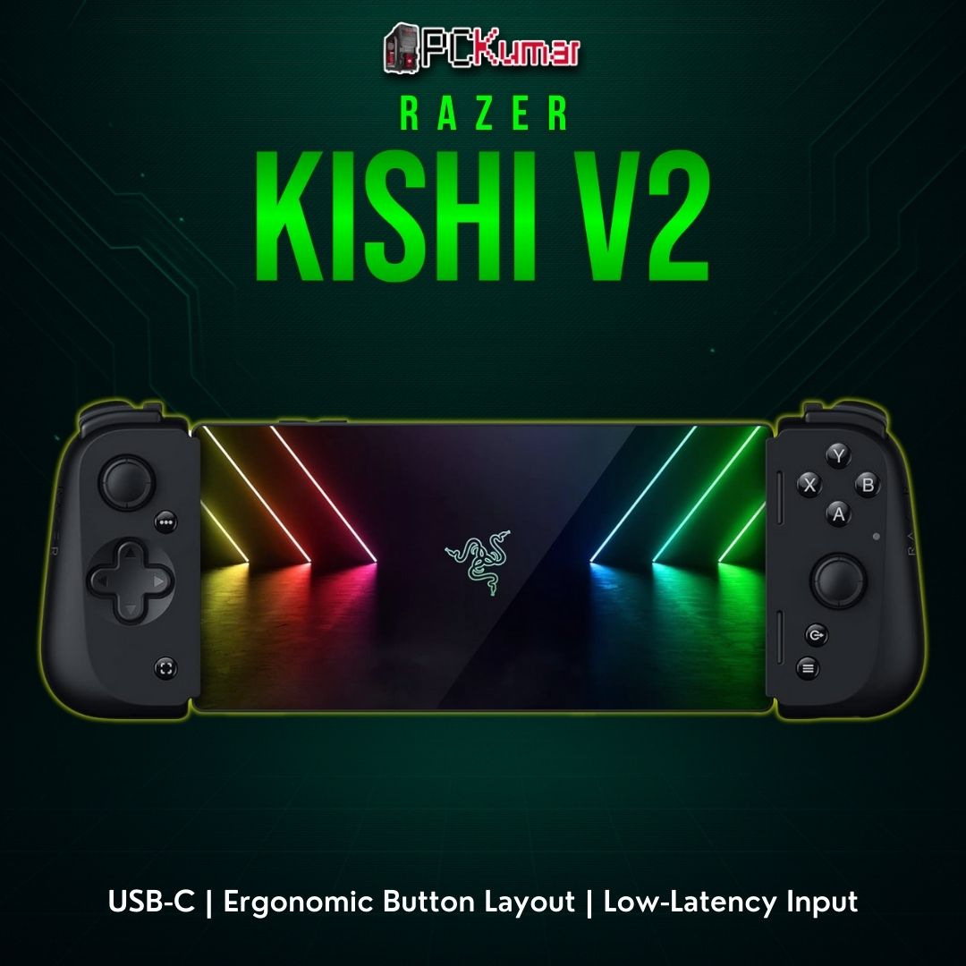 Razer Kishi V2 USB-C in black, capturing a phone between two controller grips with standard ABXY inputs.
