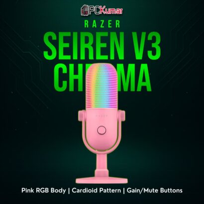 Razer Seiren V3 Chroma Quartz, featuring a pink cylindrical shape with an RGB-lit ring near the base for a stylish mic setup.