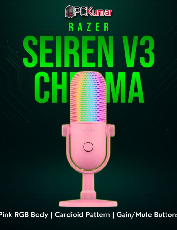 Razer Seiren V3 Chroma Quartz, featuring a pink cylindrical shape with an RGB-lit ring near the base for a stylish mic setup.