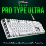 Razer Pro Type Ultra in a white/silver chassis, delivering comfortable mechanical keystrokes and easy device switching for office tasks.