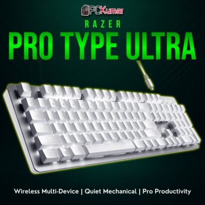Razer Pro Type Ultra in a white/silver chassis, delivering comfortable mechanical keystrokes and easy device switching for office tasks.