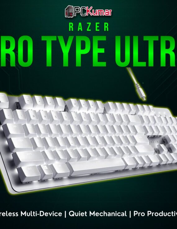 Razer Pro Type Ultra in a white/silver chassis, delivering comfortable mechanical keystrokes and easy device switching for office tasks.