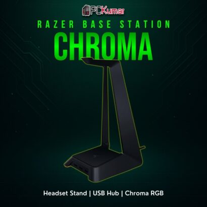 Razer Base Station Chroma in black, featuring a vertical pole for hanging headsets and a lit base with USB ports.