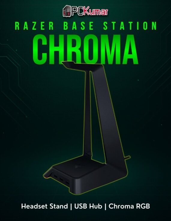 Razer Base Station Chroma in black, featuring a vertical pole for hanging headsets and a lit base with USB ports.