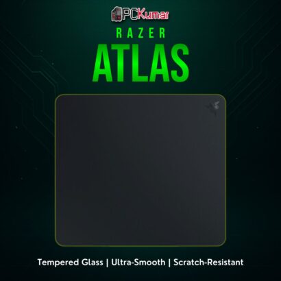 Razer Atlas black tempered glass mouse mat, reflecting ambient light while providing a slick gliding surface for precision.