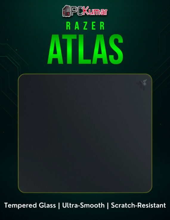 Razer Atlas black tempered glass mouse mat, reflecting ambient light while providing a slick gliding surface for precision.