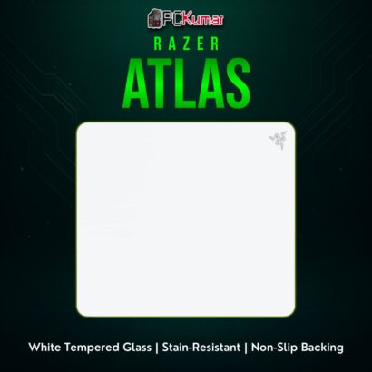Razer Atlas in white tempered glass, a sleek alternative to cloth or hard plastic mats, ideal for modern desk aesthetics.