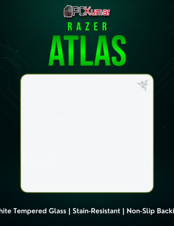 Razer Atlas in white tempered glass, a sleek alternative to cloth or hard plastic mats, ideal for modern desk aesthetics.
