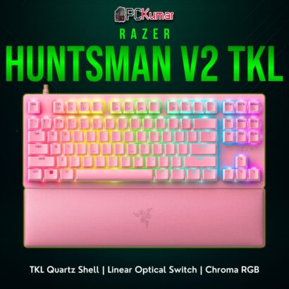 Razer Huntsman V2 Tenkeyless Quartz, a pink keyboard featuring short optical actuation and a space-saving layout.