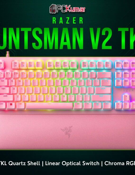 Razer Huntsman V2 Tenkeyless Quartz, a pink keyboard featuring short optical actuation and a space-saving layout.