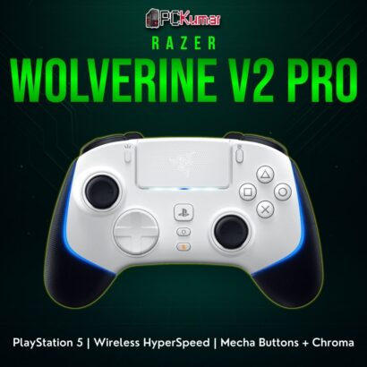 White Razer Wolverine V2 Pro for PS5 and PC, featuring advanced triggers, a built-in touchpad, and side lighting.