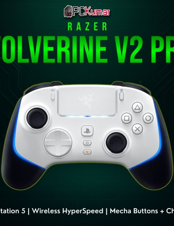 White Razer Wolverine V2 Pro for PS5 and PC, featuring advanced triggers, a built-in touchpad, and side lighting.