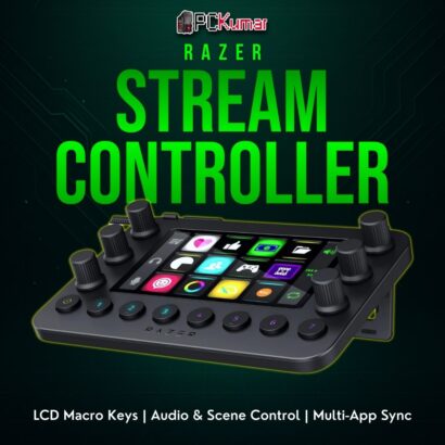 Razer Stream Controller with a grid of customizable keys and multiple dials/faders, simplifying broadcast management.