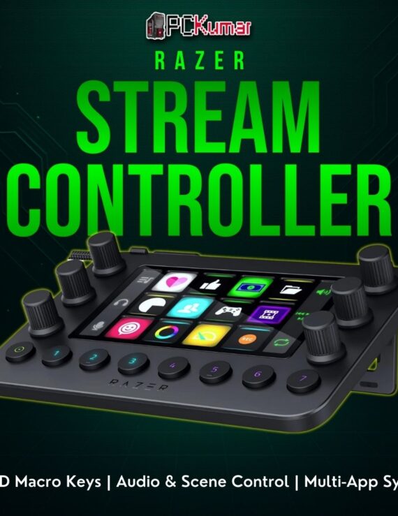 Razer Stream Controller with a grid of customizable keys and multiple dials/faders, simplifying broadcast management.