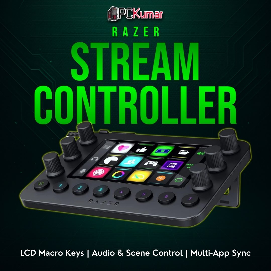 Razer Stream Controller with a grid of customizable keys and multiple dials/faders, simplifying broadcast management.