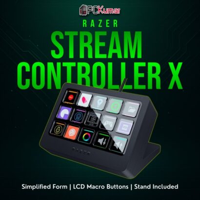 Razer Stream Controller X with fewer keys, angled stand, and dynamic icon LCD for streamlined broadcasting commands.