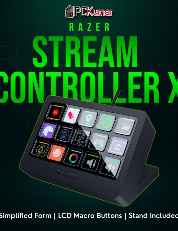 Razer Stream Controller X with fewer keys, angled stand, and dynamic icon LCD for streamlined broadcasting commands.