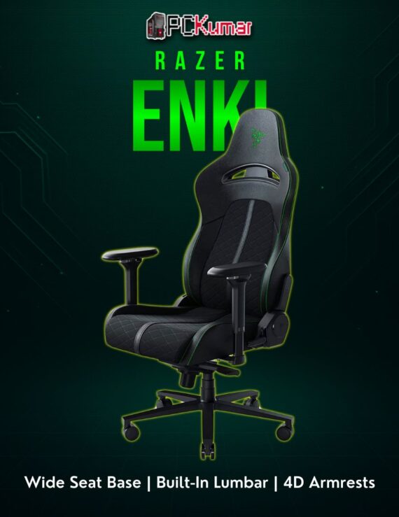 Razer Enki black gaming chair with distinctive side bolsters and headrest, designed for sustained comfort while gaming.